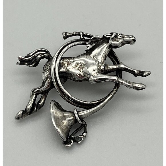 Vintage M&H Sterling Silver Brooch Pin Horse Equestrian Trumpet Horn 1 1/2" - Picture 1 of 8